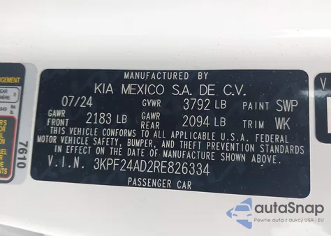 2024 Kia Forte Lxs z USA, uszkodzony, nr VIN 3KPF24AD2RE826334